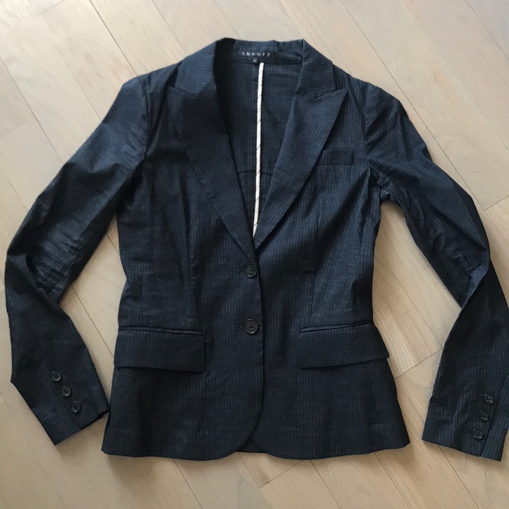 Navy blue pinstriped Theory pant suit